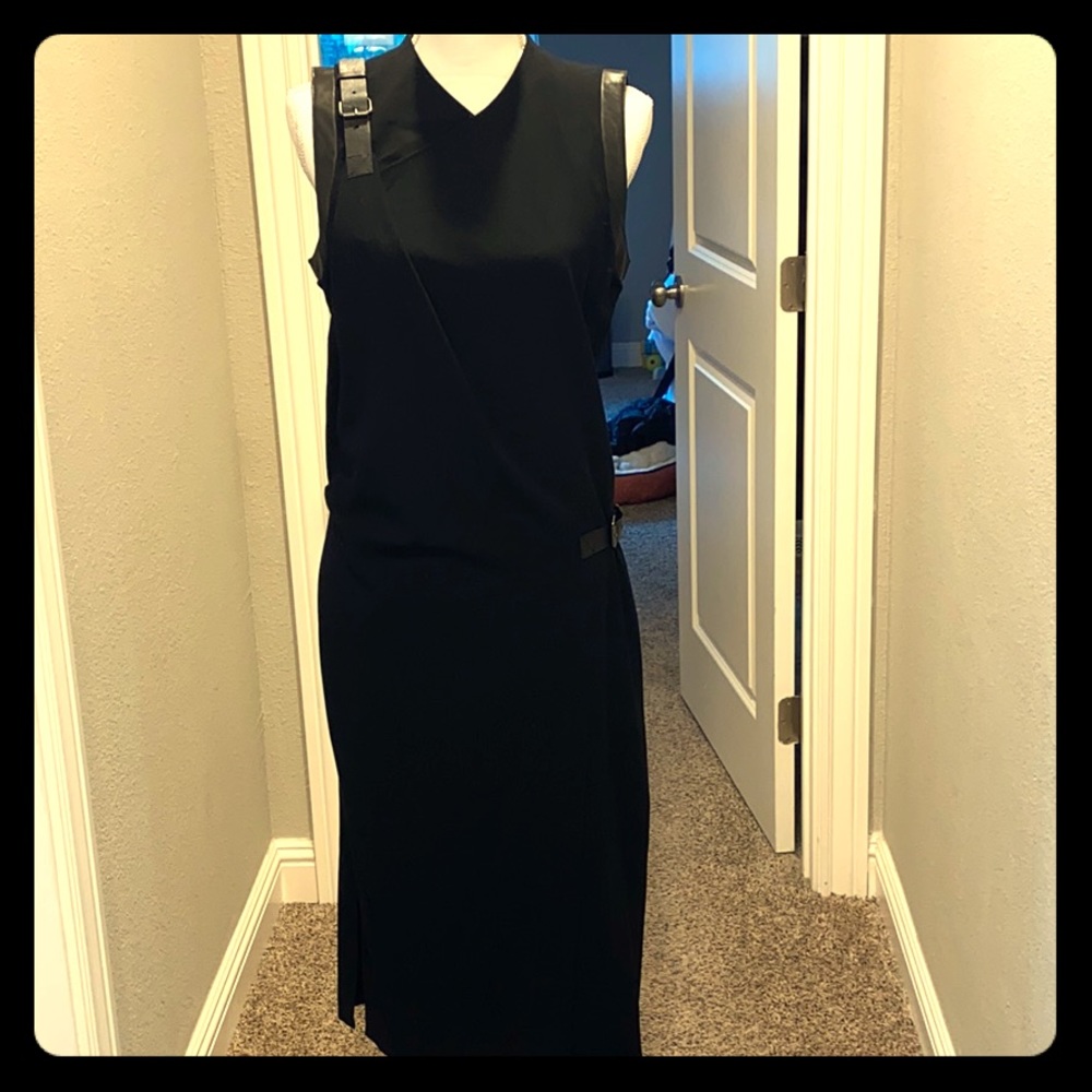 Helmut Lang leather sleeve and belted dress